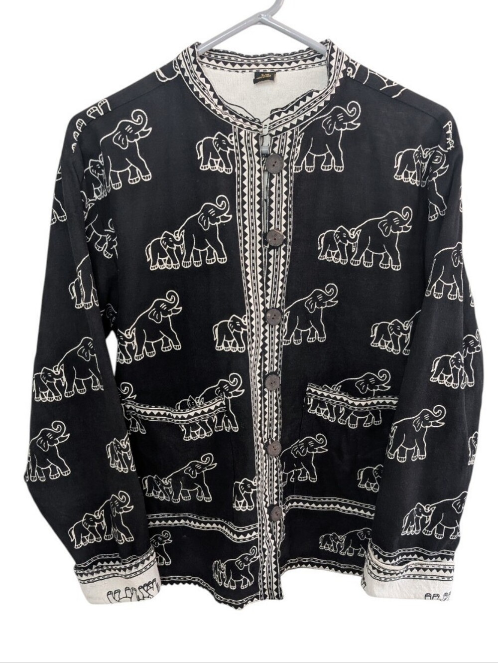 Reversible Elephant Print Cotton Jacket Black and White S/M